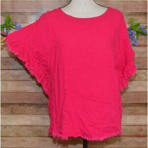 Umgee Ruffle Sleeve Frayed Hem Linen Blend Pink Top Shirt Ladies S Oversized